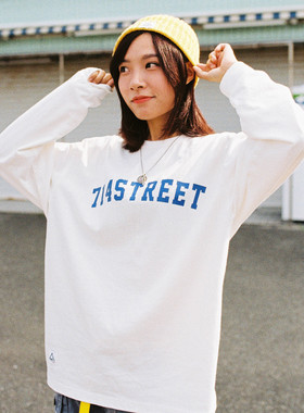 714street国潮印花纯色长袖T恤宽松休闲情侣卫衣纯棉圆领打底上衣