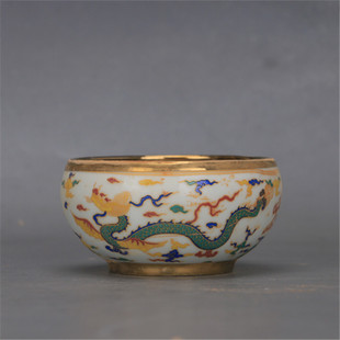 大明宣德年制龙纹鎏金五彩压手杯茶杯古董瓷器古玩杂项做旧收藏