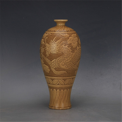 宋磁州窑酱釉龙纹剔花刻花纹 梅瓶花瓶 古玩古董陶瓷器收藏摆件