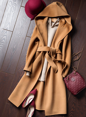 秋冬新款连帽双面呢100%纯羊毛大衣女中长款毛呢羊绒大衣外套韩版