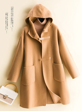 女士连帽款羊绒大衣100%纯羊毛双面呢大衣中长款宽松时尚外套