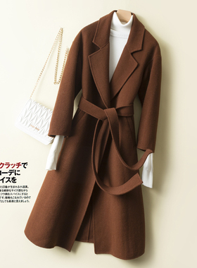 双面呢羊绒大衣女中长款宽松 春秋新款过膝高端羊毛呢外套系带