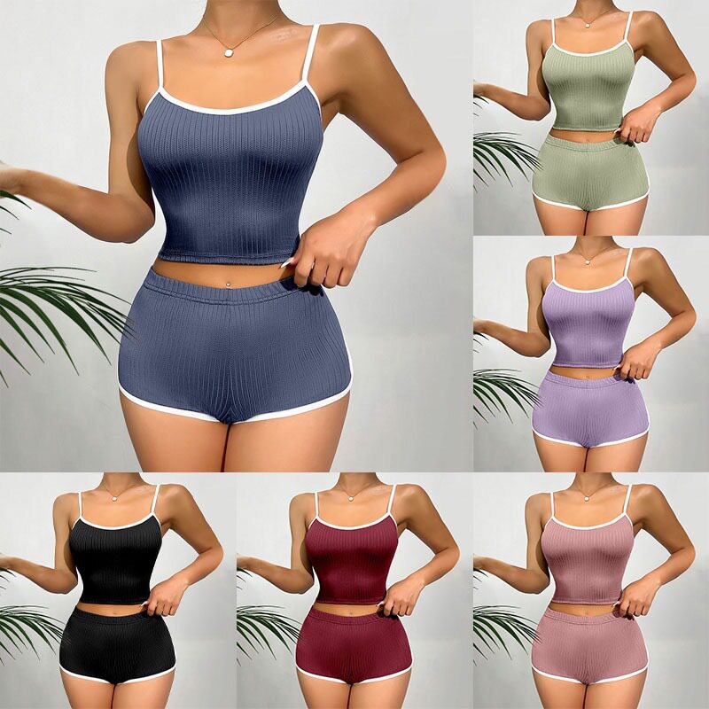 有趣内衣欧美爆款性感罗纹布纯色吊带纯色短裤休闲运动家居服