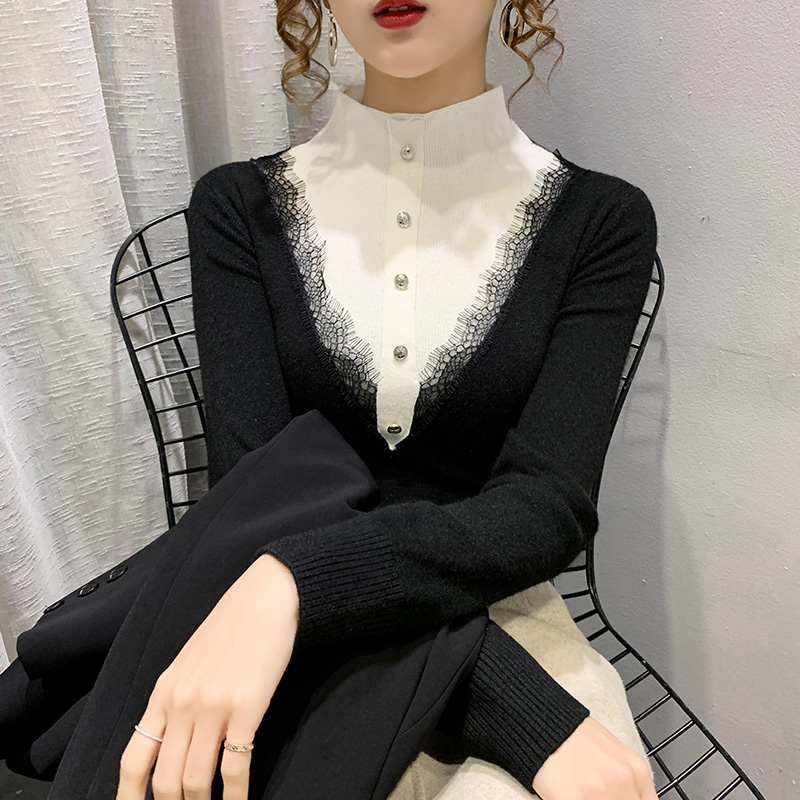 新款撞色半高领假两件套头毛衣