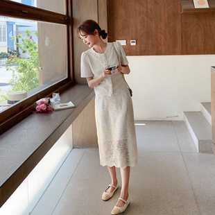 P135 现货 K188 G78 2C212 短袖 蕾丝半身裙两件套女温柔风套装