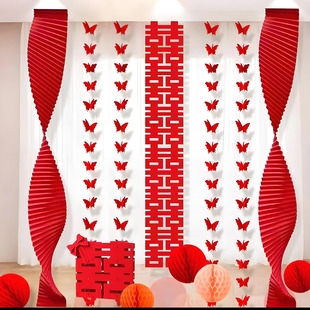 红色瓦愣折纸拉花六连喜背景装饰婚房新婚灯笼布置客厅拍照道具