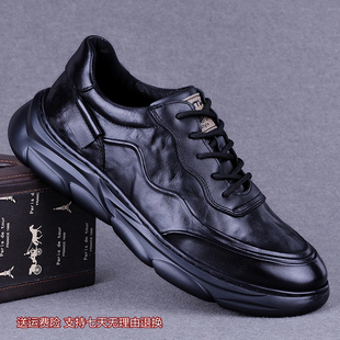 真皮男鞋头层牛皮全黑手抓纹运动超轻橡胶发泡底软底车缝线休闲鞋