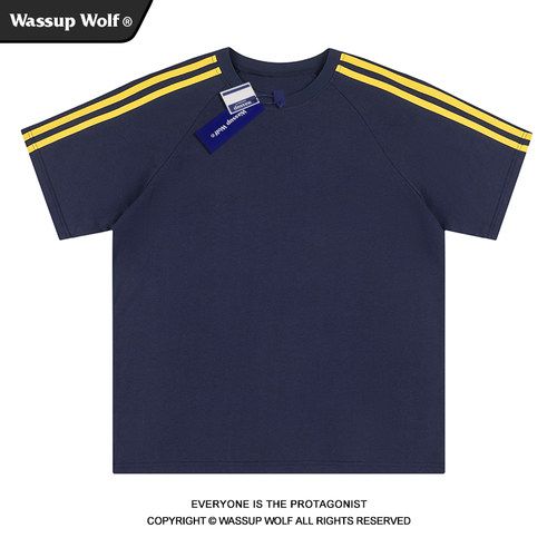 WassupWolf撞色条纹三条杠T恤男