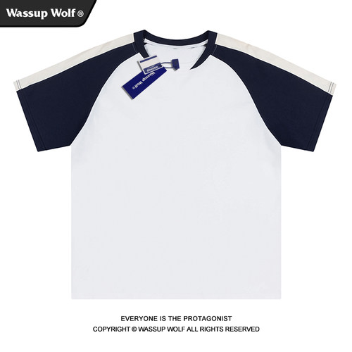 WassupWolf撞色拼接短袖t恤男