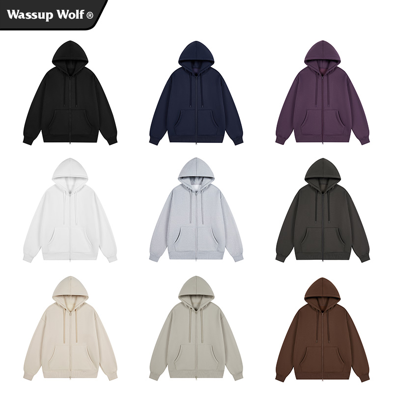 Wassup Wolf运动连帽开衫卫衣男女秋冬加绒美式休闲拉链纯色外套