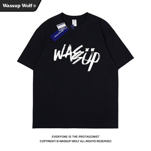 WASSUP美式涂鸦字母印花短袖T恤男女国潮牌夏季纯棉重磅体恤半袖