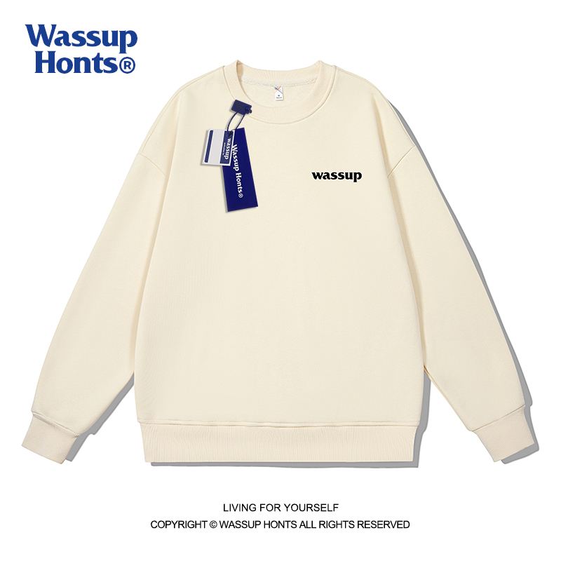 WASSUP纯色运动圆领卫衣男女春秋薄款情侣宽松休闲打底衫潮牌上衣