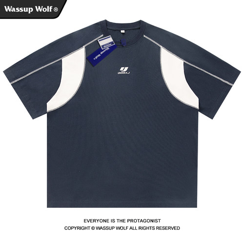 WassupWolf刺绣撞色短袖T恤男女
