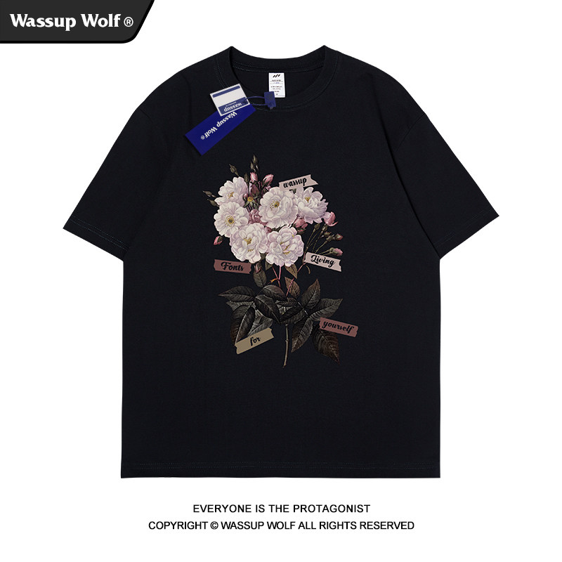 WASSUP HONTS美式复古花卉短袖t恤男重磅纯棉设计感小众情侣半袖