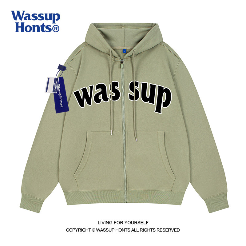 WASSUP卫衣男连帽秋季冬装美式运动休闲潮牌情侣加绒开衫拉链外套