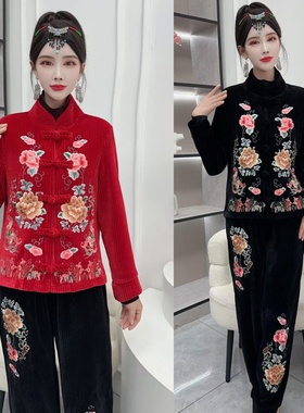 2026春季新款中国风刺绣花灯芯绒立领盘扣开衫外套女长袖国风上衣