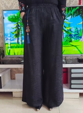 春秋复古风民族风刺绣阔腿裤女松紧腰显瘦大码文艺提花流苏长裤