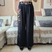 黑色 女高腰松紧腰显瘦提花长裤 2026春夏新中式 民族风刺绣阔腿裤