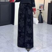 提花 女黑色宽松长裤 2026春秋夏缎面中式 复古松紧腰国风阔腿裤
