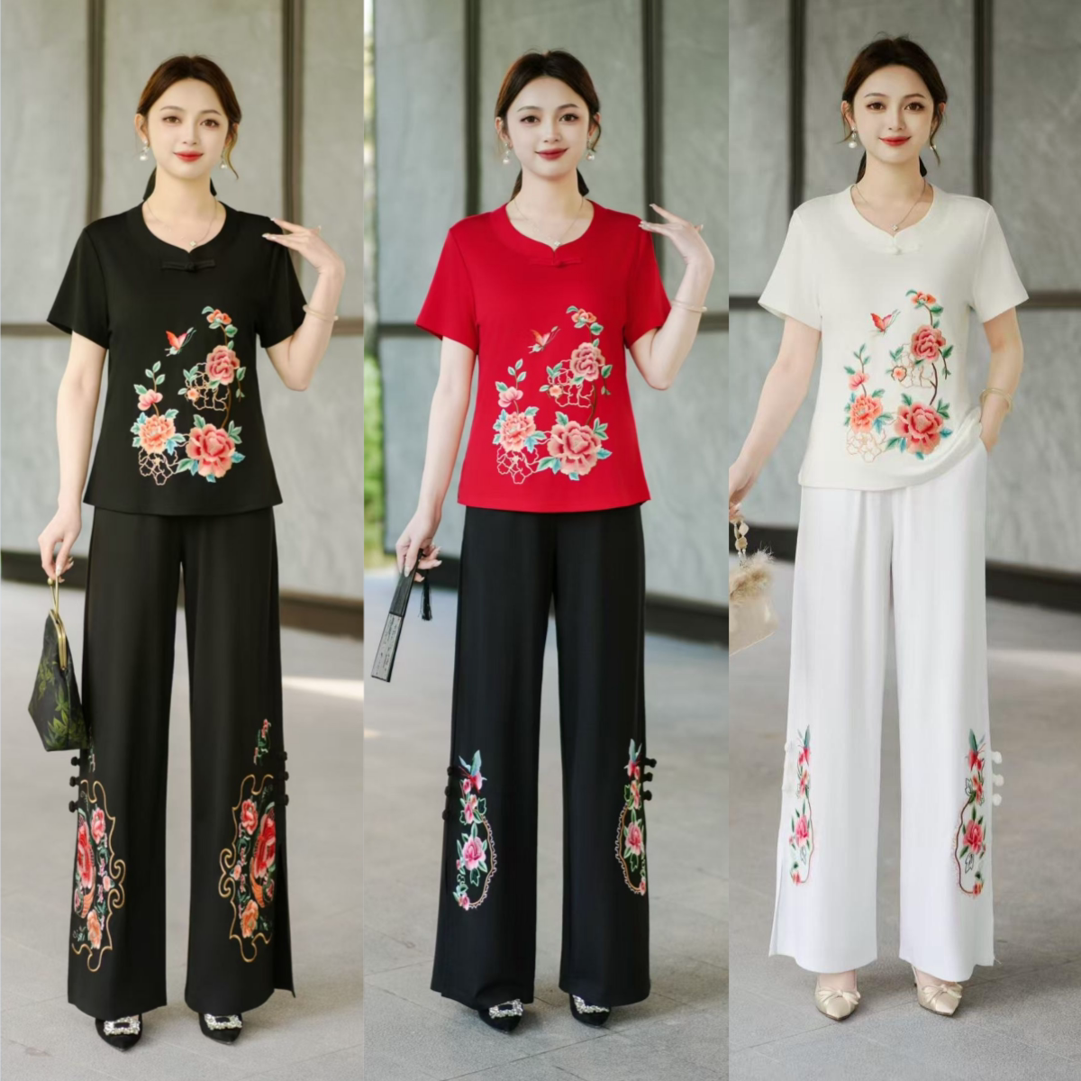 民族风重工刺绣花卉短袖上衣女夏季宽松大码阔腿裤妈妈两件套
