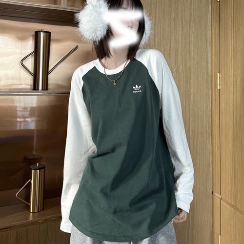 阿迪达斯三叶草女款复古拼色纯棉舒适宽松休闲长袖T恤JM8050