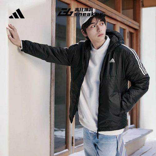 阿迪达斯男子户外防风宽松运动三条纹连帽棉服保暖外套KF6755