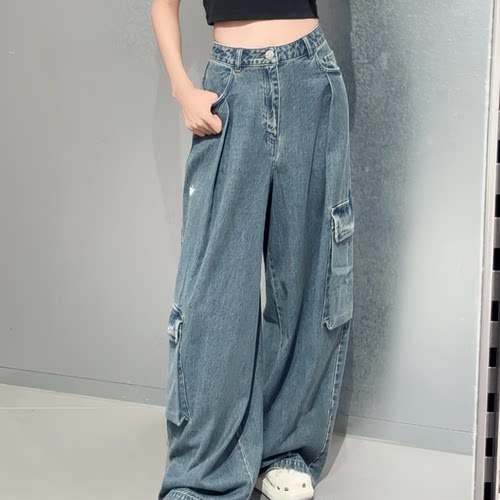 Adidas三叶草女子大口袋宽松阔腿工装裤休闲宽松牛仔长裤KC5813