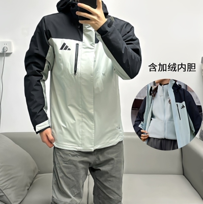 阿迪达斯男女可拆卸三合一户外登山加绒内胆连帽保暖外套JM9140