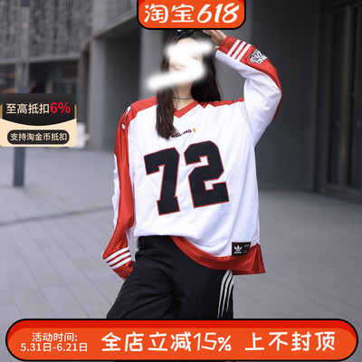 阿迪达斯三叶草男女情侣款V领复古篮球风运动宽松长袖T恤KA8004