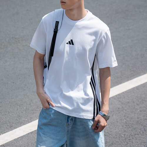 阿迪达斯男子运动短袖三条纹白色纯棉休闲半袖透气T恤JY8563