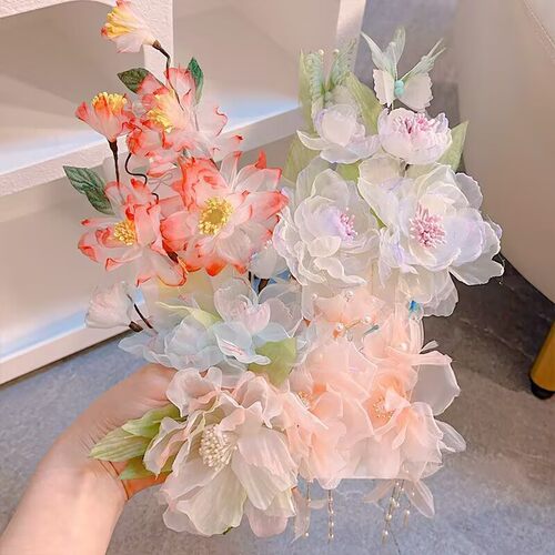 手工娟纱烫花古风发夹牡丹芍药汉服边夹头饰唐风花朵渐变绿色对夹