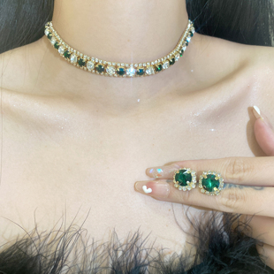 轻奢复古绿色闪钻锆石项链耳环套装女颈链晚会礼服配饰高级锁骨链
