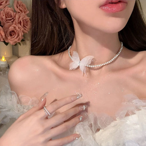 纯欲风网纱蝴蝶珍珠项链女