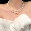 法式 复古双层珍珠闪钻项链高级感轻奢小米珠锁骨链小众颈链choker