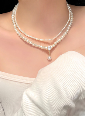 法式复古双层珍珠闪钻项链