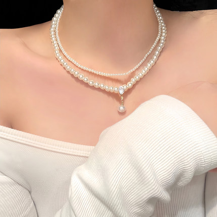 法式复古双层珍珠闪钻项链高级感轻奢小米珠锁骨链小众颈链choker