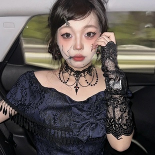 哥特风暗黑洛丽塔锁骨链蕾丝串珠项链复古宫廷风夸张choker项圈