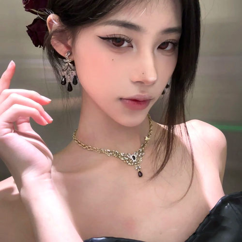 复古宫廷风黑色仿水晶流苏项链女