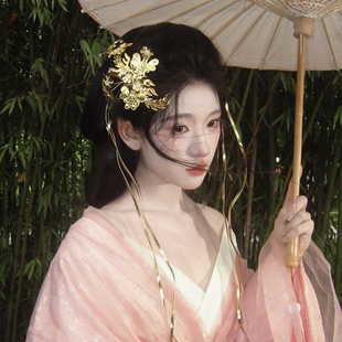 古风汉服cos虞姬金色花枝流苏发夹战国侧边夹清冷感旅拍妆造发饰