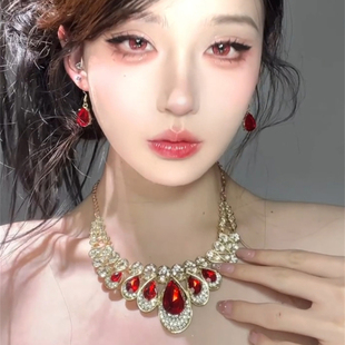 夸张红色水滴仿宝石项链耳环套装晚礼服轻奢高级感颈链锁骨链耳饰