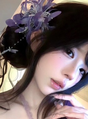 氛围感紫色绣球花流苏发夹新中式气质温柔盘发侧边夹彼岸花抓夹