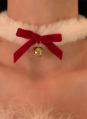 圣诞节红色蝴蝶结铃铛毛绒项圈