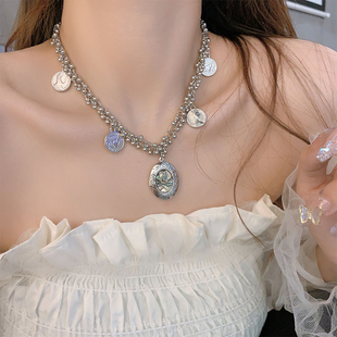 高级感气质银色圆片人像项链女可打开吊坠颈链复古宫廷流苏锁骨链