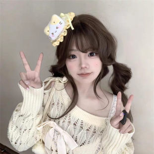 日系可爱黄色小猫咪发夹童趣少女感花边小礼帽甜美lolita边夹头饰