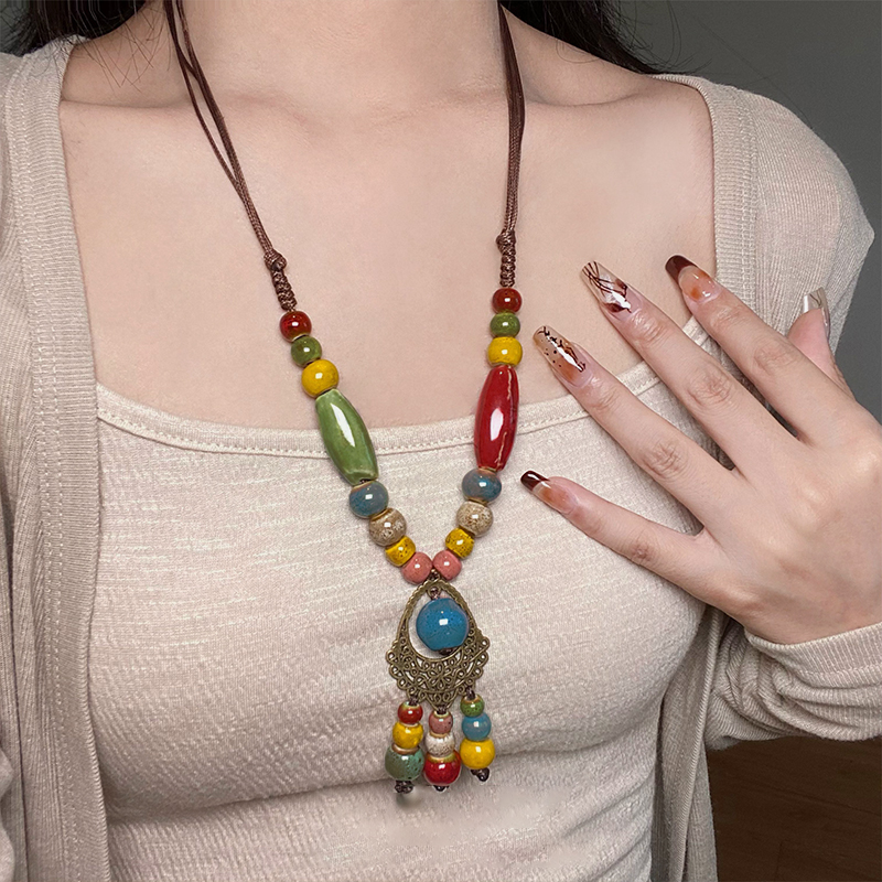 复古彩色陶瓷串珠流苏项链女
