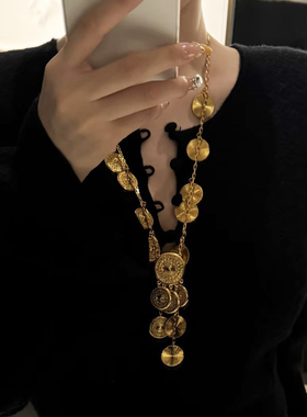 老钱风复古圆形金币流苏项链女