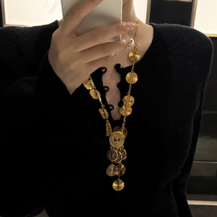 老钱风复古圆形金币流苏项链女高级感中古vintage时髦做旧毛衣链
