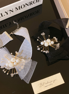 法式超仙白色蝴蝶结蕾丝锁骨链