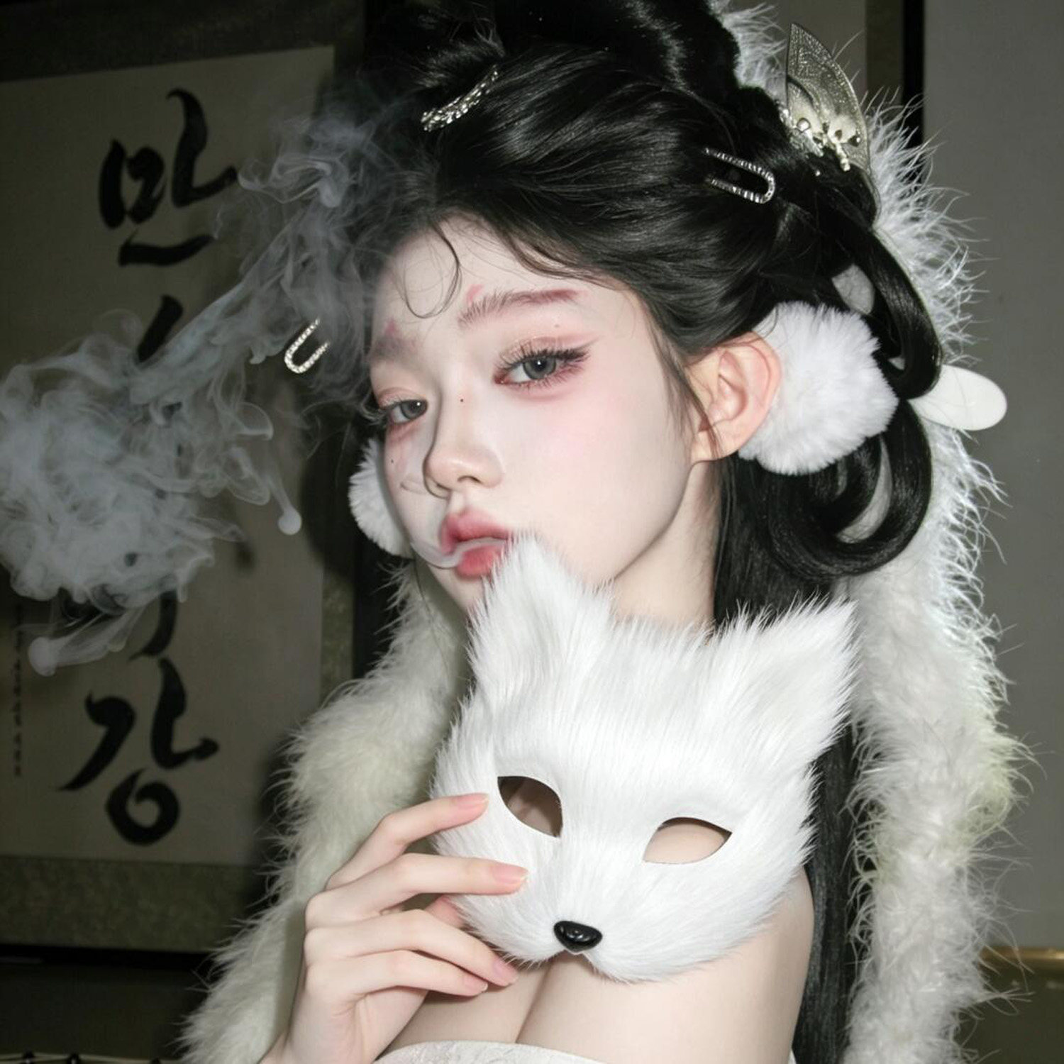 万圣节白色毛绒狐狸面具女古风cos狐面面罩写真拍照道具化妆舞会