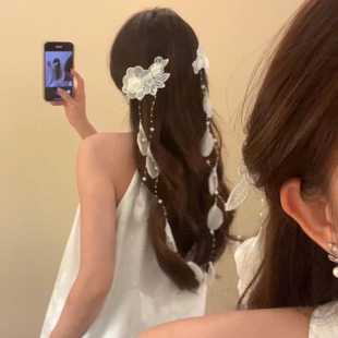 超仙氛围感蕾丝花朵流苏发夹女高级感编发侧边夹氛围感山茶花发饰